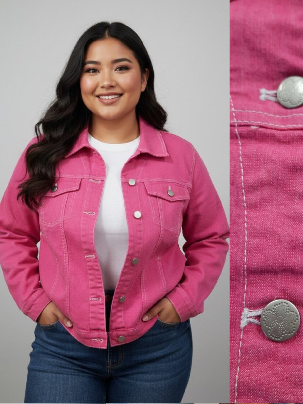 Fuchsia stretch denim jacket w/ flower buttons - Denim & Co. brand